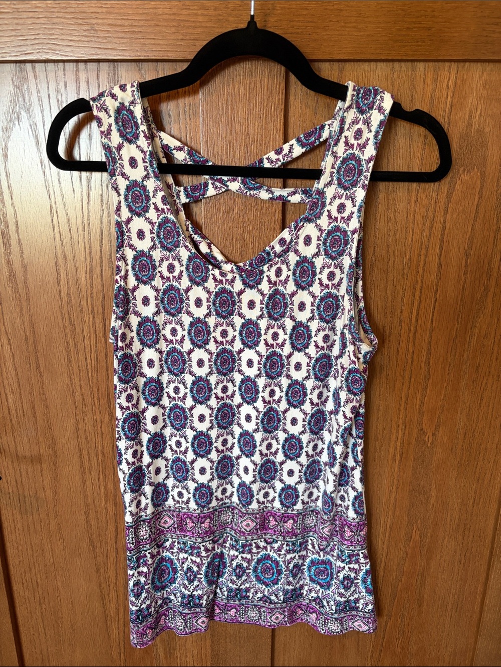 Loveappella White Tank Top with Purple & Blue Medallion Print